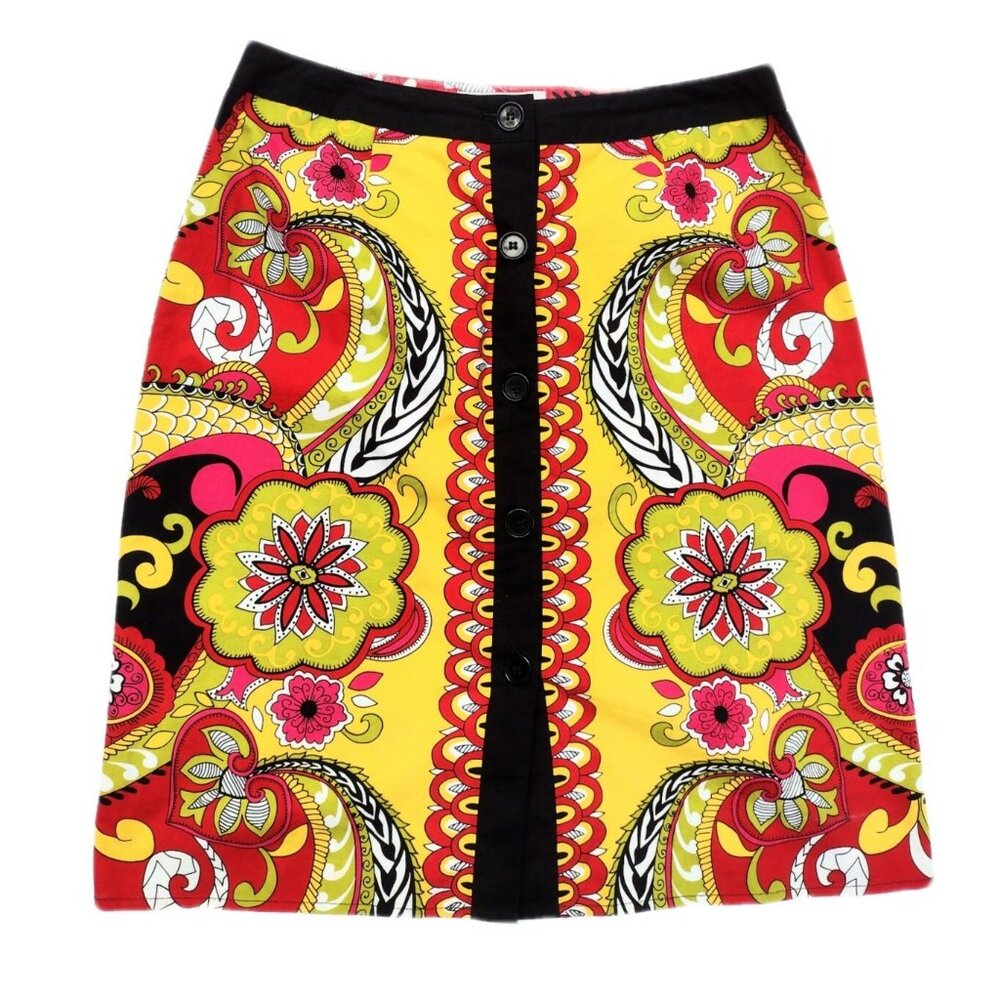 ABR New York Floral Button Up A-Line Skirt 4 Cotton Art to Wear Geometric Office